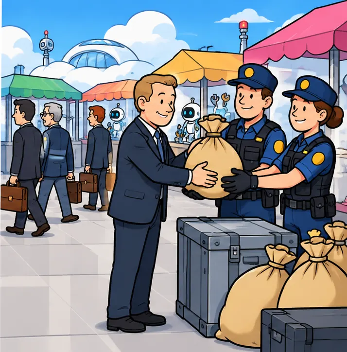 Investors handing a large bag of money to the security team while other investors walk away from neighboring stalls