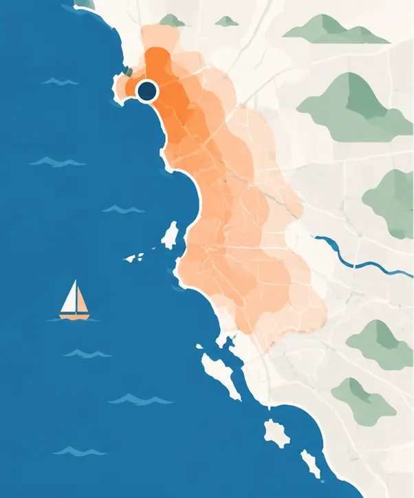 An overhead map with the ocean on the left and a shaded service area spreading south along that coastline