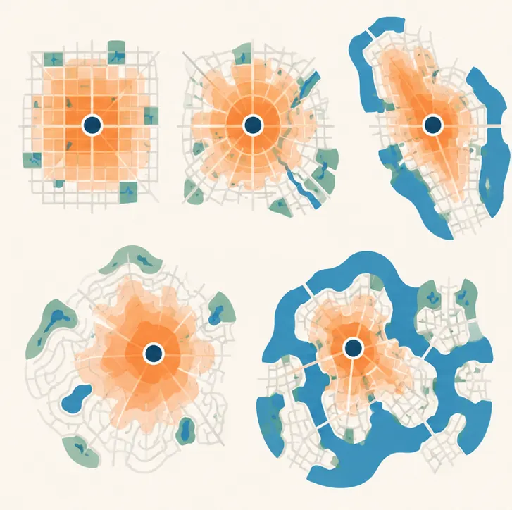 Five different city street grids, each a different shape, each with its own shaded area growing