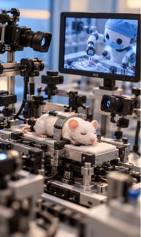 A small lab mouse rests on a motorized surgical rig surrounded by cameras, with a screen showing an assistant agent at work.