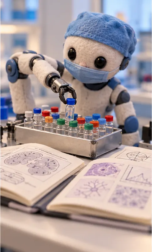 The agent's robotic arm hovers over a tray of many small vials, picking one out, with open research papers fanned beside it.