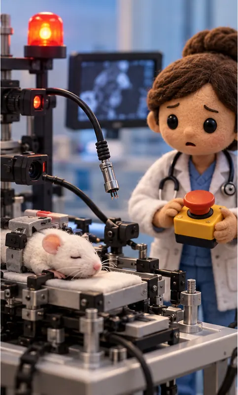 The rig stops with a warning light as a connection cable dangles loose; a veterinarian beside it holds a large emergency stop button.
