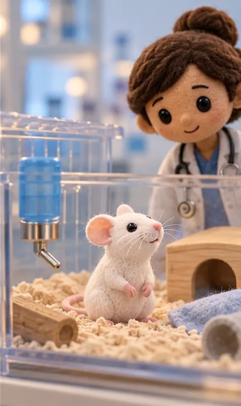 The mouse, recovered, sits up alert in a clean cage, while the veterinarian looks on.