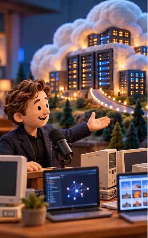 A tech executive speaks into a podcast microphone, gesturing from a row of home computers toward a giant cloud building of servers.