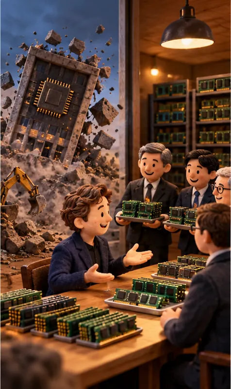 A falling chip company building on one side, and on the other the executive meeting with suited memory makers holding trays of memory chips.