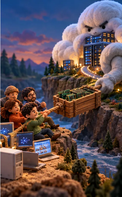 A tug-of-war over a crate of memory chips between a giant cloud building and a group of people with home computers.
