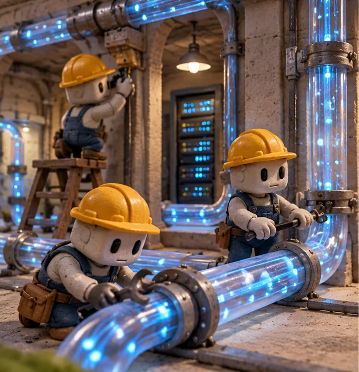 Little clay robot workers laying and mending pipes that carry glowing streams of data through a building
