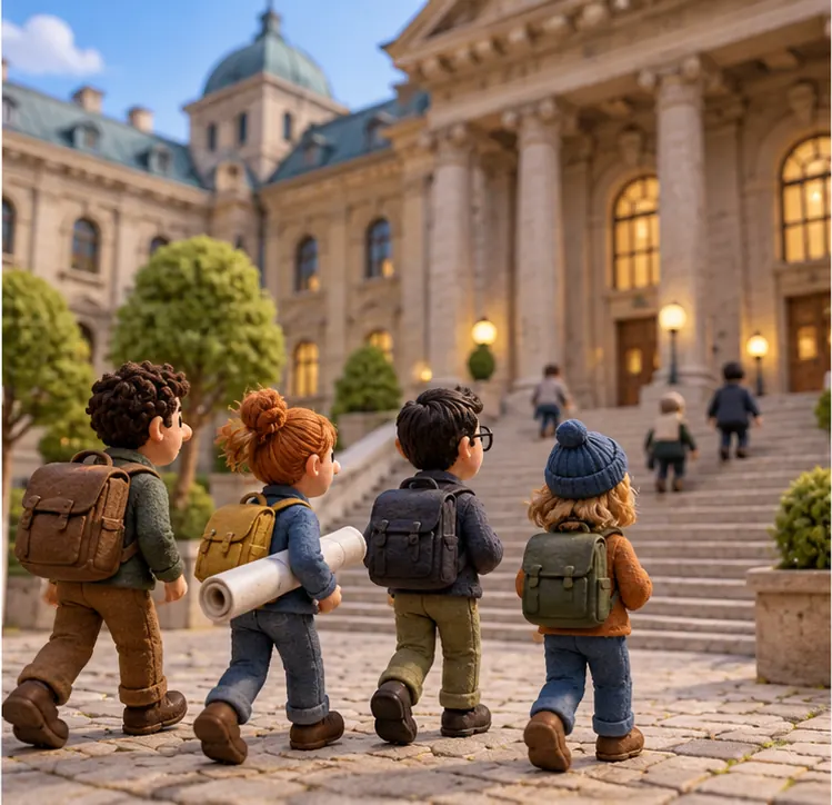 A small group of clay startup engineers walking across a courtyard toward a much larger company building, one carrying a rolled-up blueprint on loan