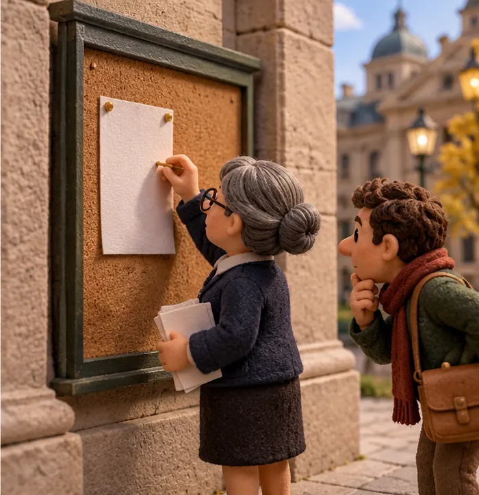 A clay clerk in a European public office pinning a blank sheet to a public notice board, while a curious onlooker leans in to read it