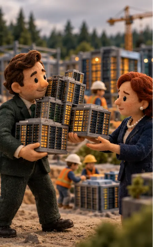 A banker carries a heavy load of data-center building blocks and offers to hand more than half of it to an insurer.