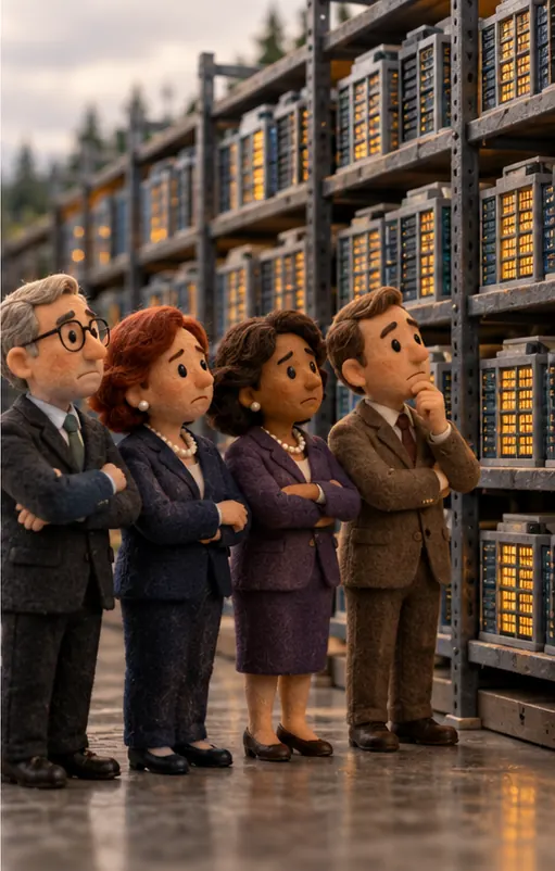 A row of insurers stand beside shelves already full to the top with data-center blocks, with no room left.