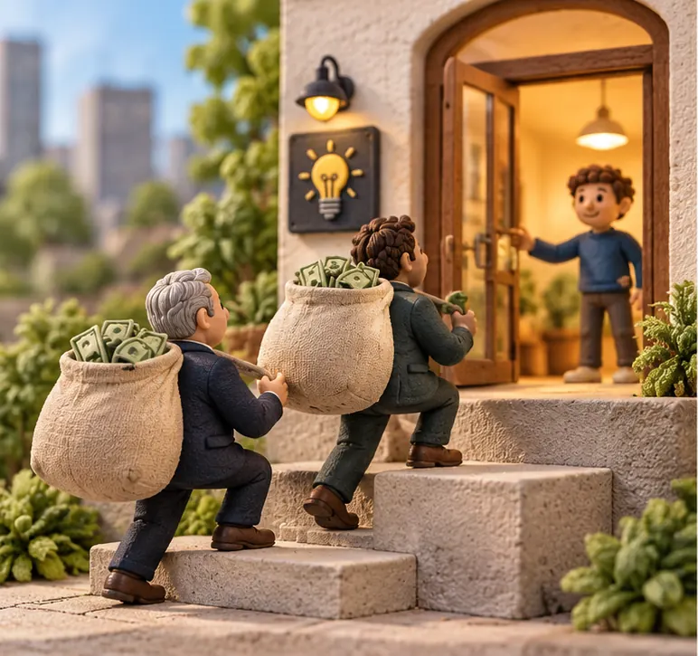 Clay investors carrying two big sacks of money up two steps toward a startup's door, the second step taller than the first