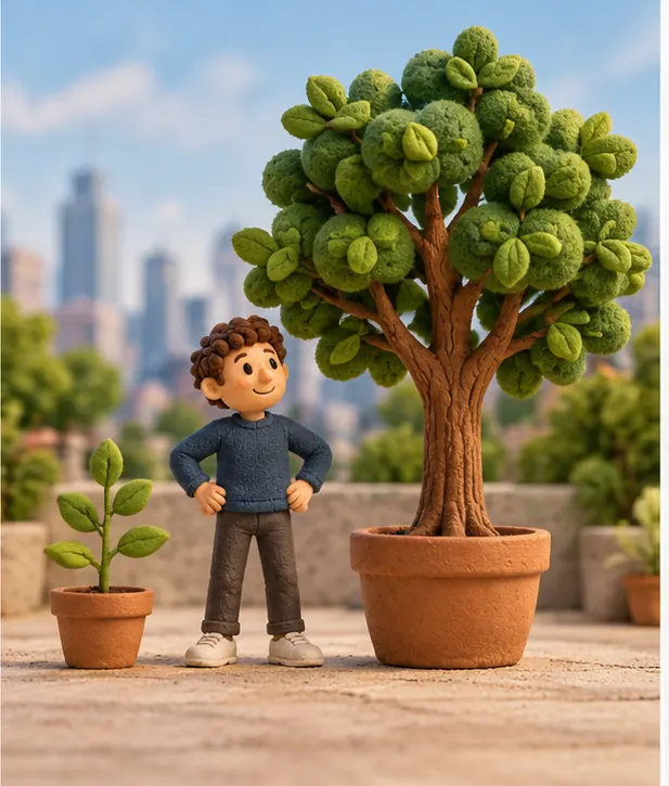 A clay founder standing between a small potted sapling and a much bigger potted tree a little more than twice its height