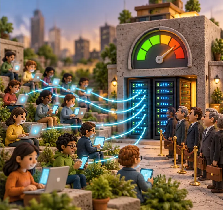 Many clay people using laptops and phones, glowing lines running from them to a busy server building whose meter spins faster, investors lining up beside it