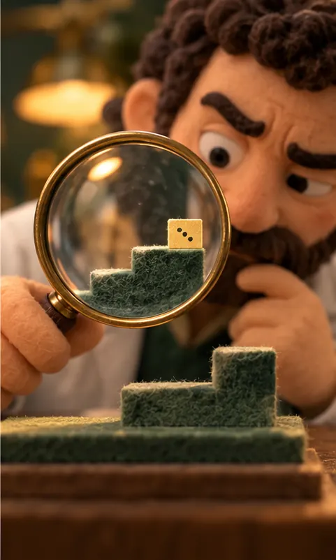 A tiny upward step on a podium is viewed skeptically through a magnifying glass.