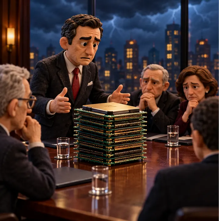 A clay financier in a dark suit addressing a few seated investors around a boardroom table, a tall stack of computer chips on the table between them