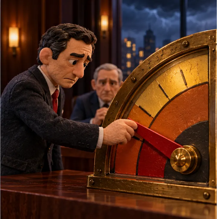 The financier, unsmiling, moving the needle of a large brass gauge down from a golden band into a lower amber band as the investors watch quietly