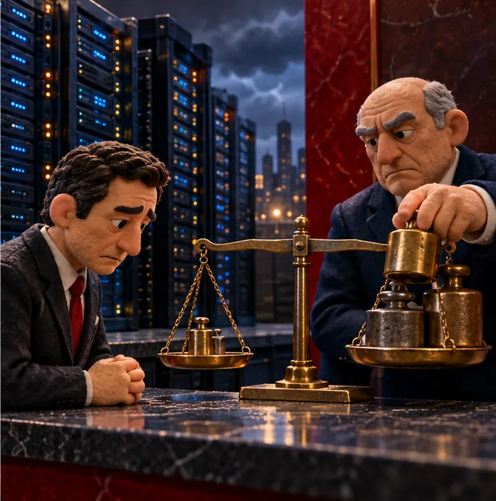 A clay company representative at a lender's counter, beside towering server racks, as the lender sets an extra weight on a price scale