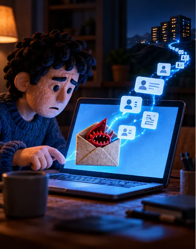 A person at home taps a shared link on their laptop; a booby-trapped envelope pops open on screen and their private conversation bubbles float out toward a distant outside server.
