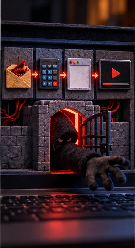 Inside the laptop, a hidden chain of three linked pieces, a little math keypad, an unframed window and a video player, lets a shadowy hand slip through a gate.