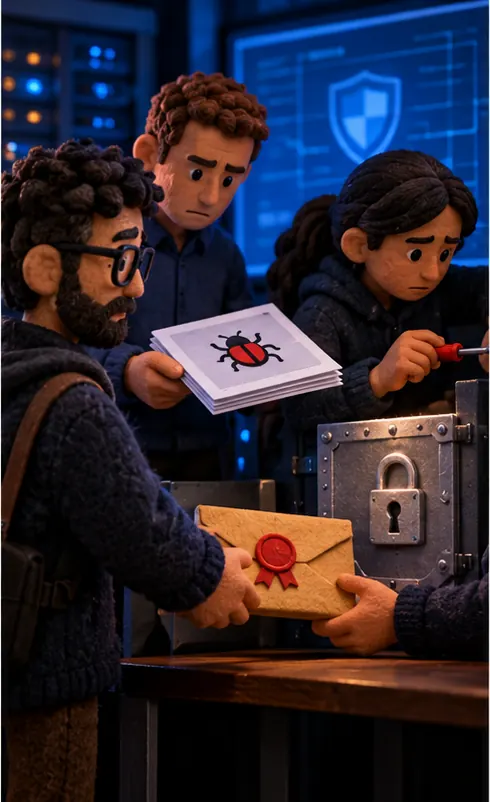 A security researcher hands a report to engineers who seal up the gap, and the researcher receives a reward envelope.
