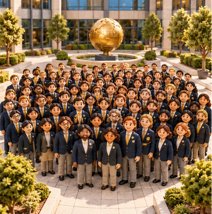 A huge crowd of consultants in matching jackets assembles into one large group in a company courtyard.