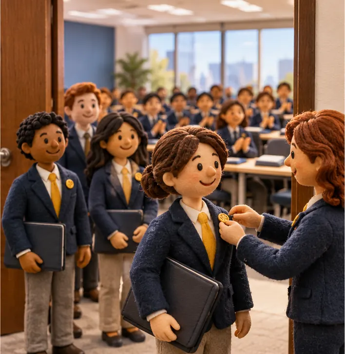 Rows of employees finish a training course and receive completion pins at the classroom door.