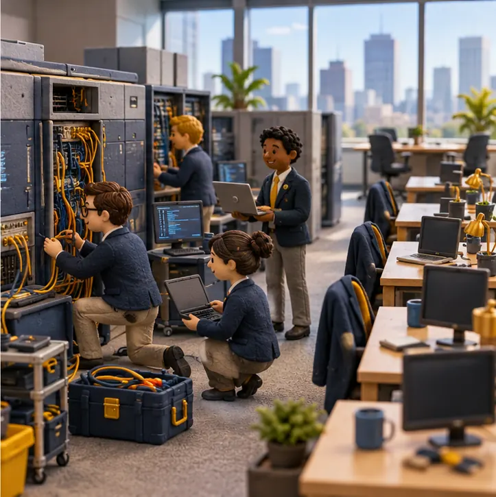 Consultants carry toolkits into a client's office and set up coding helpers and an old mainframe being rewired, while the consultants' own desks back home sit half empty.