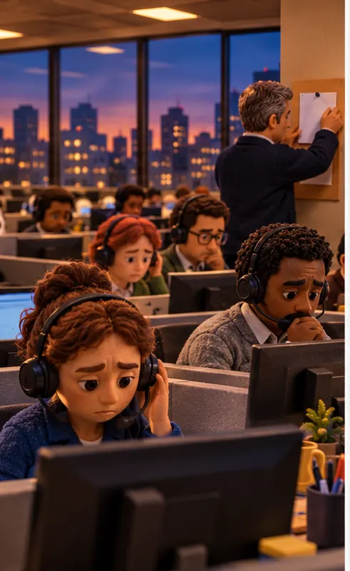 Rows of customer service workers at desks with headsets in a large Philadelphia office building, a notice being pinned to the wall. Through the windows, a plain city skyline of low and mid-rise buildings, no bridge.