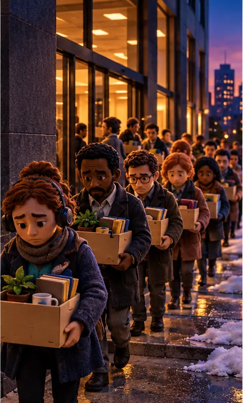 Workers carrying boxes leave the building one after another, the line stretching away into the evening.