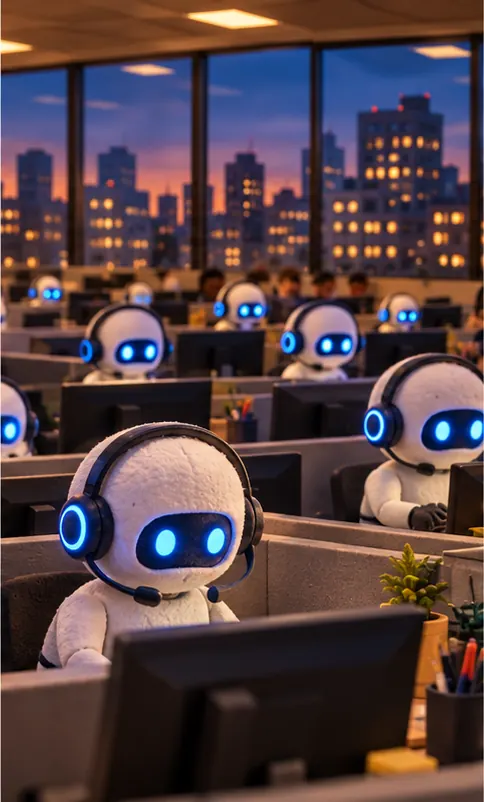 Small glowing AI agent figures now sit at the emptied desks wearing headsets and answering calls. Through the windows, the same plain skyline, no bridge.