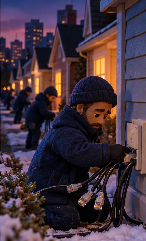 Beside the building, a dwindling cluster of home broadband cables being unplugged from houses.
