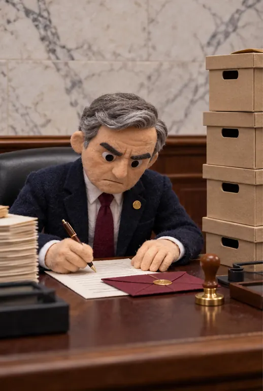 A congressman in a hearing room writes a demanding letter and seals it, a stack of empty document boxes waiting beside him. Plain marble wall, no seals or emblems.