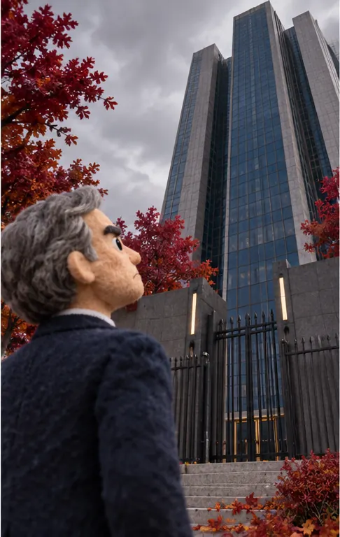 The congressman frowns toward a towering, shielded corporate building.