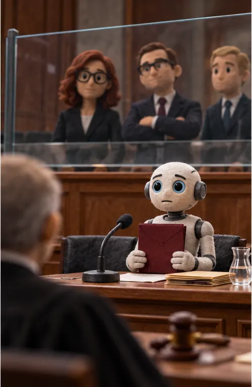 Inside a fenced sandbox, a small robot figure stands at a courtroom table holding its own legal folder, while its human owners stand safely behind a glass shield.