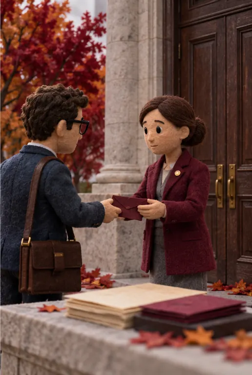 A consultant receives a small envelope from a state official; the draft papers lie on a table outside the closed doors of the legislature. Autumn trees behind, no domed building.