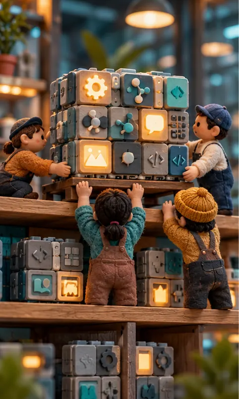 A team uploads a large modular model, made of many small expert parts with only a few lit up, onto a public shelf.