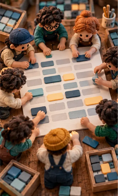 Instead of one typist writing a line letter by letter, many small hands fill in blank blocks across a whole page at once.