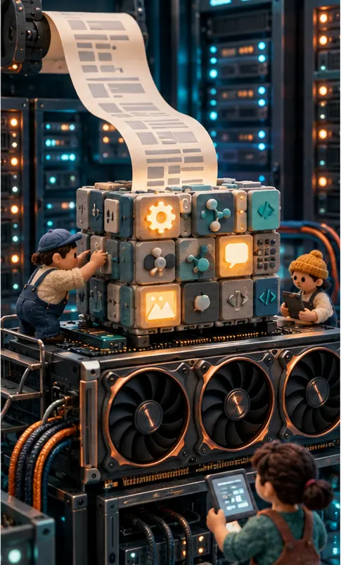The model sits on a large graphics card in a server, a long scroll of context feeding in.