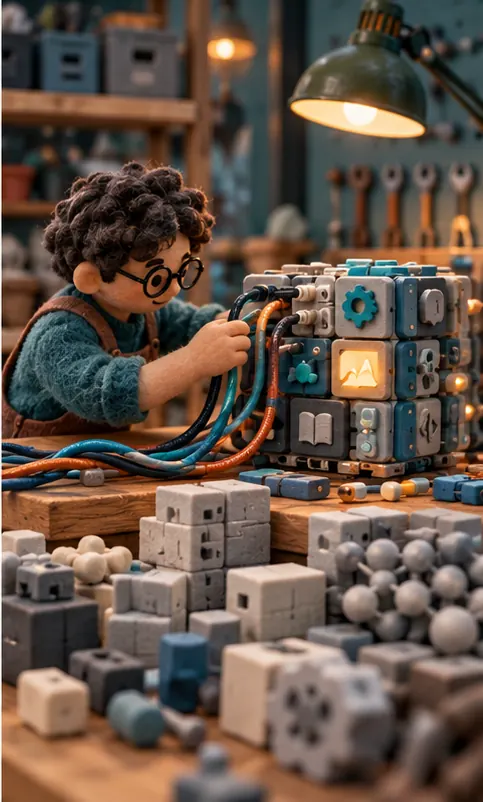 A craftsman converts an existing model by rewiring it on a workbench, rather than building one from raw materials piled nearby.