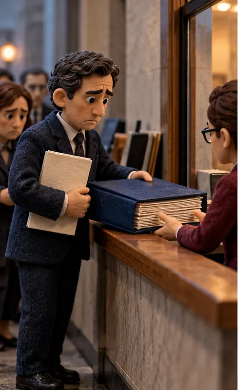 A government lawyer files a thick appeal folder at the clerk's window of a courthouse, an earlier ruling document clutched in the other hand. Plain walls and plain covers, with no crests, seals or emblems.