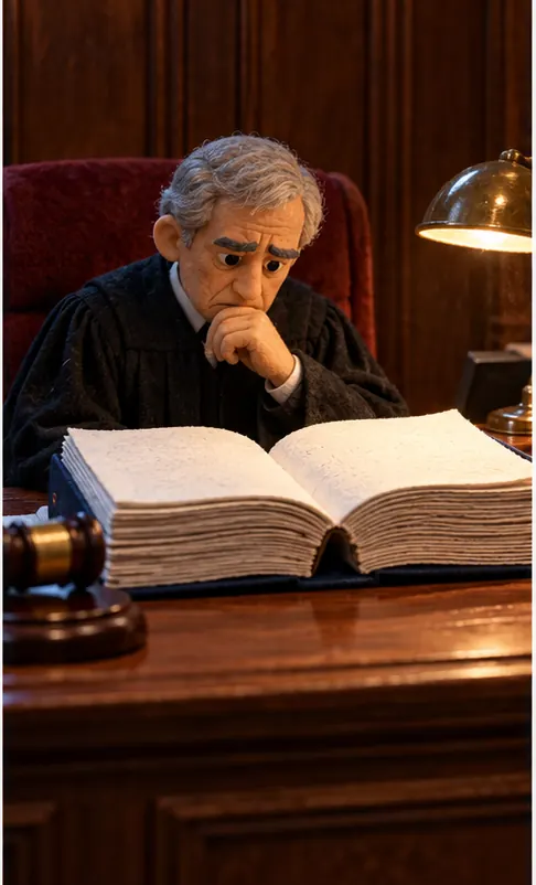 A judge's long, heavy ruling lies open on a wooden bench under a lamp. Plain walls and plain covers, with no crests, seals or emblems.