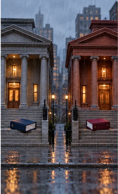 Two separate courthouses stand side by side, each with a case file waiting on its steps. Plain walls and plain covers, with no crests, seals or emblems.