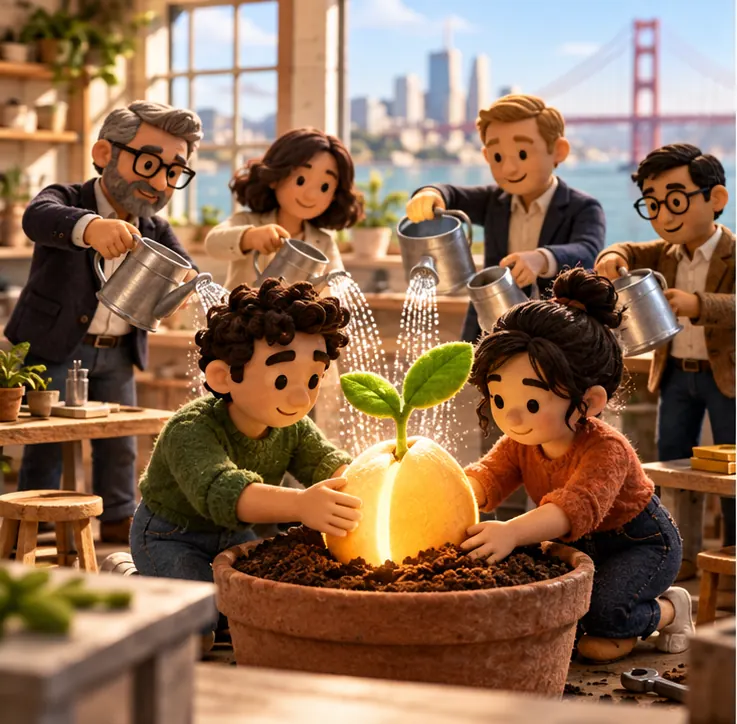 Two clay founders in a bright San Francisco workshop planting one very large glowing seed in a pot, as a few investors pour in watering cans