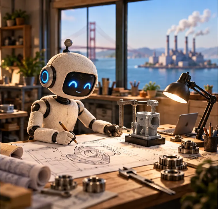 A glowing robot assistant at a drafting table sketching and testing a machine part blueprint, a distant factory left to others outside the window