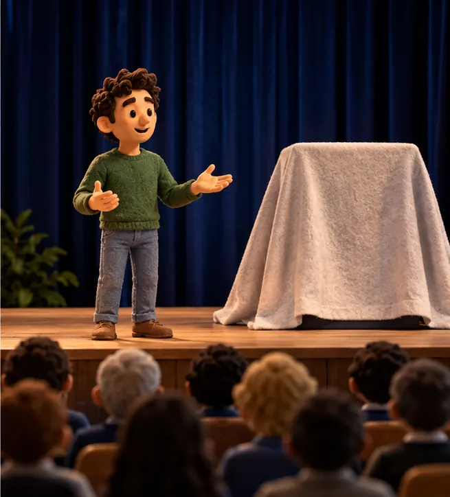 A single clay man alone on a conference stage presenting to an audience, beside a display covered by a plain cloth