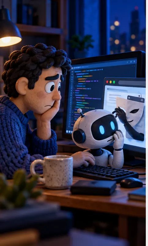 A clay developer at a desk with a code editor and a small embedded browser window open, a web page inside the window quietly whispering into the ear of a small robot helper