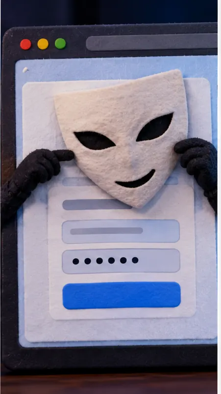 A fake sign-in form wearing a mask, slipped inside a genuine-looking browser window frame
