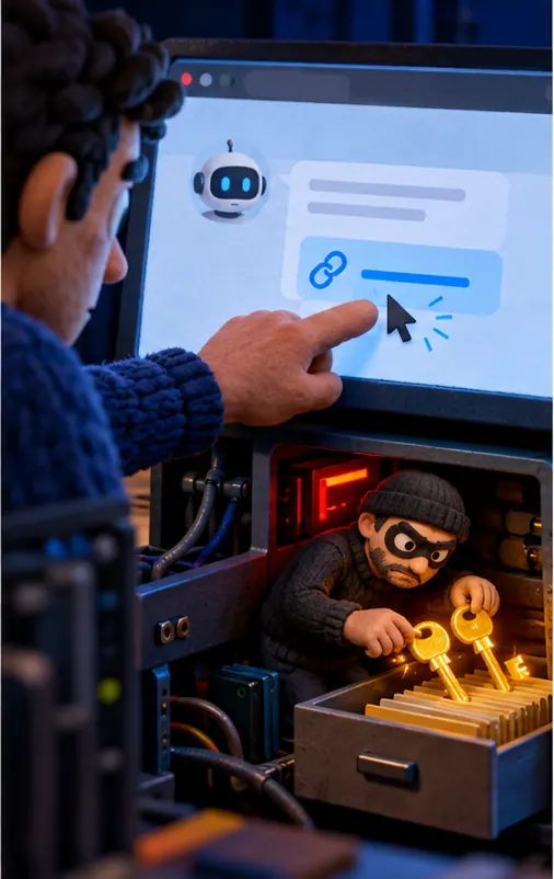 A hand clicking a link in a chat with the assistant, and a small thief figure climbing out of a file to pull keys out of a drawer inside the computer