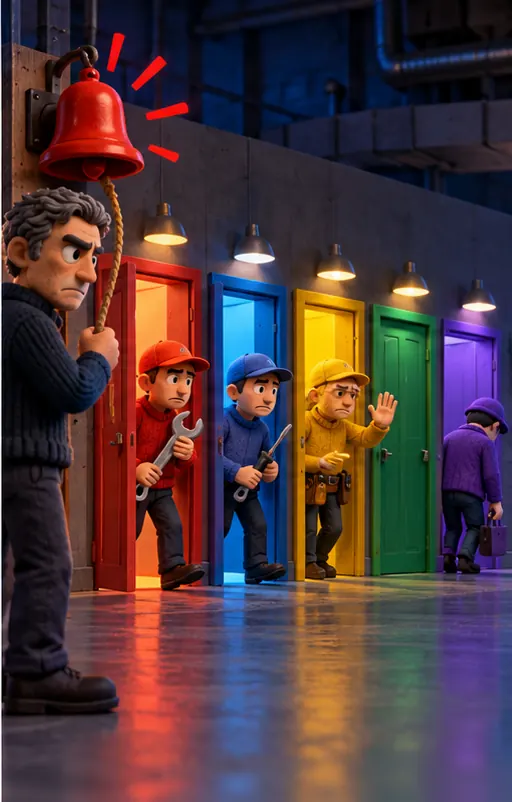 A clay security researcher ringing a warning bell before five plain coloured workshop doors with no symbols on them: two workers come out with tools to repair their doors, one shakes their head, one door stays shut, and one worker turns away